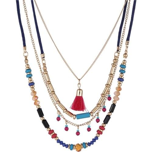 New Bohemian Fashion Multi-Layer Rice Bead Chain Tassel Pendant Holiday Necklace Pendant Female