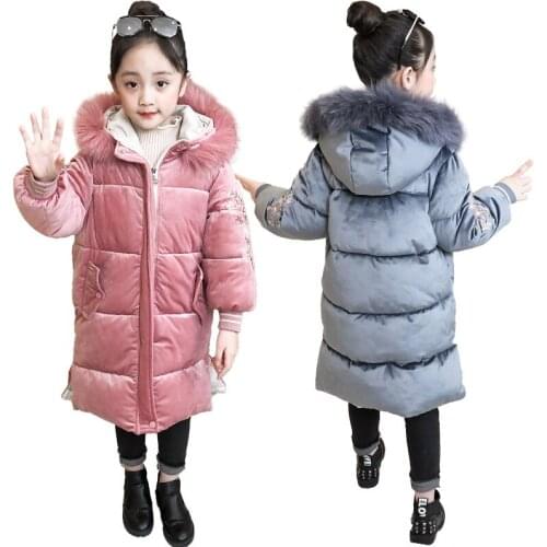 Children Fur Coat Girls Winter Jacket Girls Warm Hooded Parkas Cotton Thick Padded Long Coat Kids Gold Velvet Embroidery Outwear