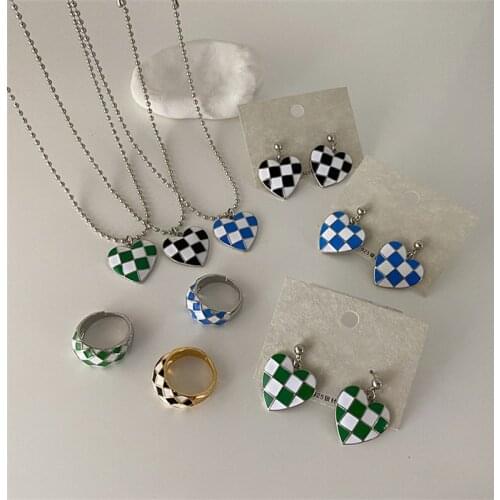 FFLACELL New Fashion Checkerboard Lattice Dripping Oil Metal Heart Earring Ring Necklace Female Personality Simple Party Earring