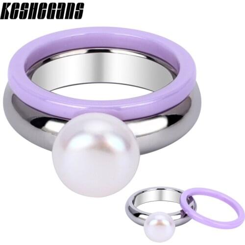 Purple Color 2pcs/Set Ceramic Rings With Big Simulate Pearl Stainless Steel For Women Elegant Gift Wedding Party Fashion Jewelry
