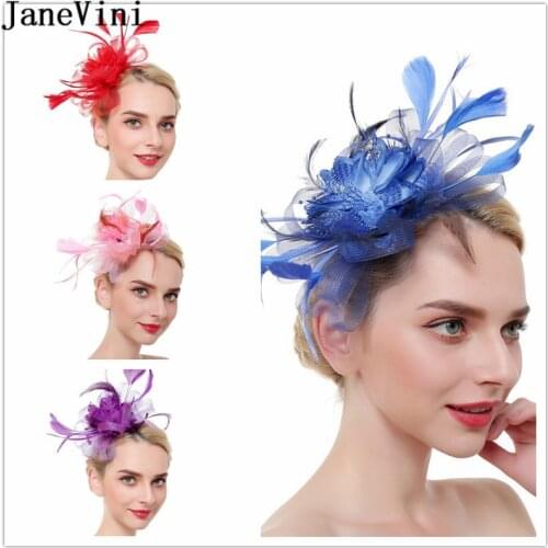 JaneVini Fashion Women Hat Headpiece Fascinator Flower Feather Blue Wedding Hats Cocktail Tea Party Hair Clip White Haarschmuck