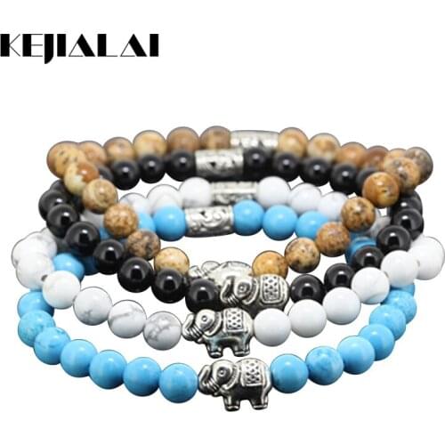 KEJIALAI 1pcs Beaded Silver Plated Elephant Charm Women Bracelet Natural 6mm Howlite Round Stone Beads Bracelet For Girl A0706