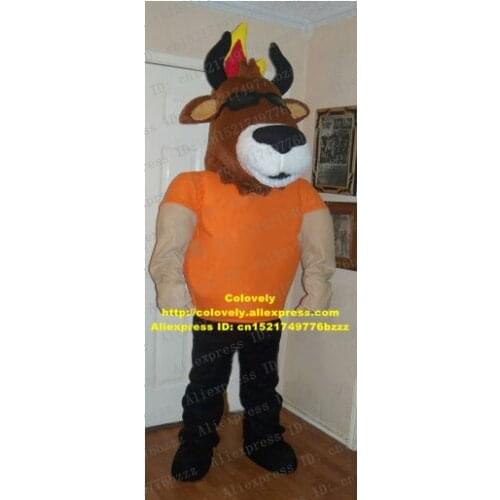 Handsome Brown Bull Ox Toro Buffalo Bison Wild Cattle Calf Kerbau Mascot Costume Long Black Curve Horn Leaf Shaped Ears No.8401