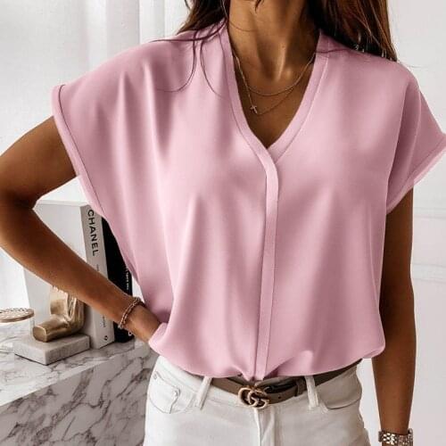 Summer Cotton Womens Shirt V-Neck Short Sleeve Pullover Pink Show Thin Solid Fashion Casual Shirt