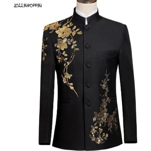Floral Men Sequin Suit Jacket Stand Collar Chinese Style Tunic Jackets Stage Performance Costume Single Breasted Coat