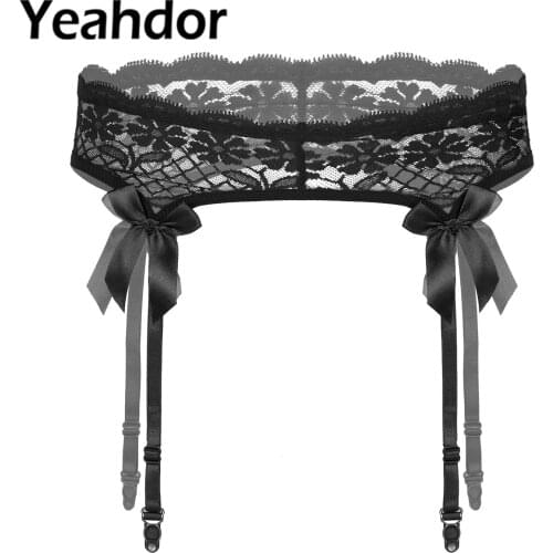 Mens Sexy Lingerie Sheer Lace Garter Belt Sissy Transparent Underwear Bowknot Elastic Waistband Suspenders for Stockings