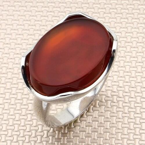 Plain Straight Oval Red Agate Stone Men Silver Ring Little Finger Silver Ring Made in Turkey Solid 925 Sterling Silver