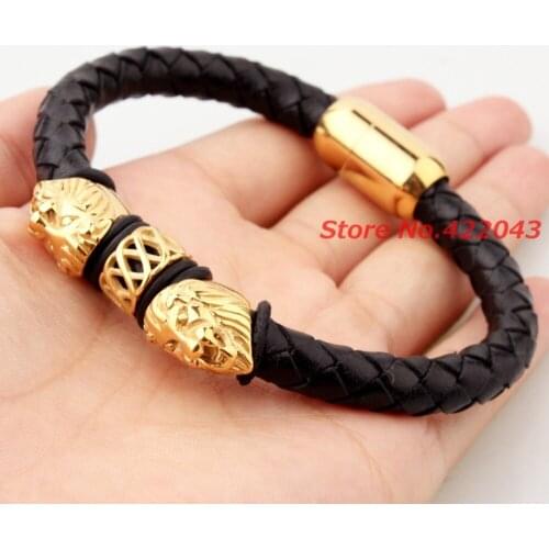 New Arrival Gold color Lion Head 8.66" * 8mm Black Genuine Leather Mens Womens Stainless Steel Bracelet & Bangle Accessory