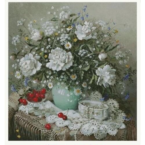 White Peony and Cherry Sewing kit Top Quality Embroidery Needlework 14CT Unprinted Art Cross Stitch Kits DIY Handmade Decor