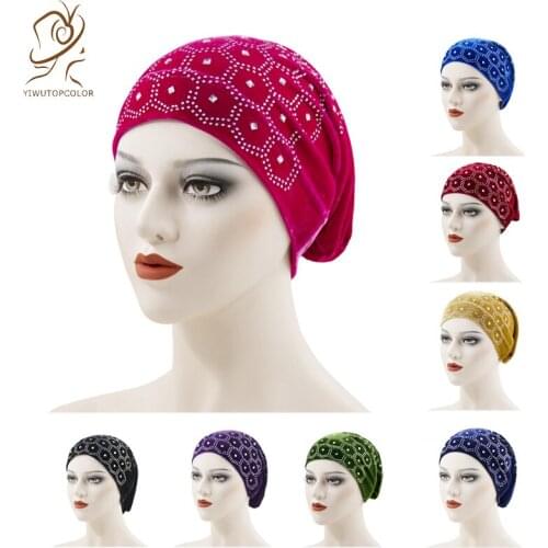 New Fashion Muslim Ethnic Turban Hat Pure Color Ladies Velvet Hat Four Seasons Hot Drilling Ladies Fashion Bottoming Hat
