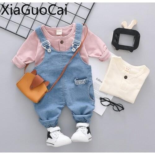 O-neck Fashion Spring and Autumn Kids Sets Childrens Sets Baby Round Tie Buckle Shirt Denim Jeans