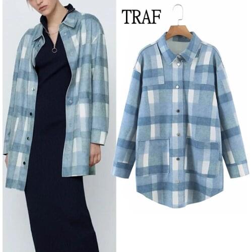 TRAF Za Plaid Warm Shirt 2021 Oversize Shirt Female Jacket Casual Turn-Down Collar Long Sleeve Autumn Blouse Loose Outwear Tops