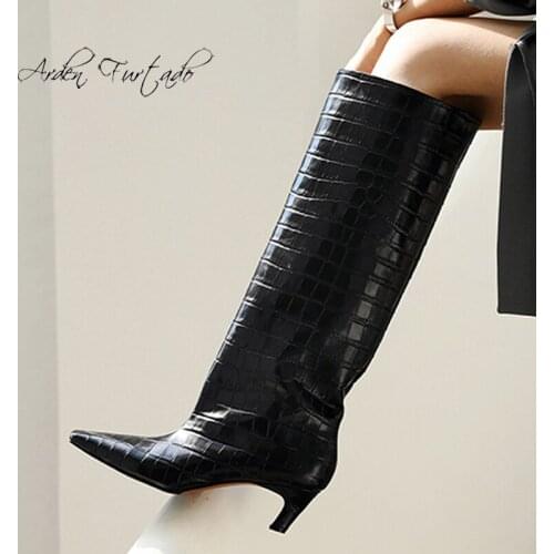 Arden Furtado 2021 Fashion Winter Womens Chunky Heels Slip on Big size Brown Genuine Leather Knee High Boots big size 41 42 43