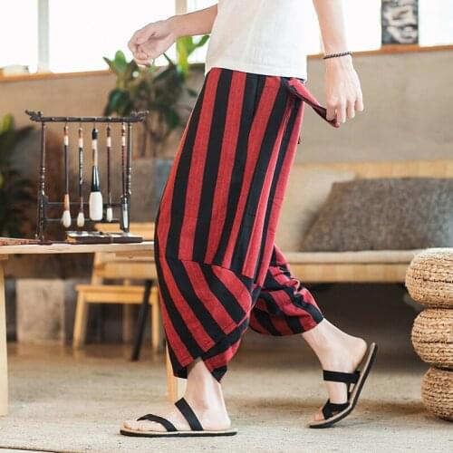 Striped / Plaid Retro Art Mens Cargo Shorts Casual Calf Length Shorts Fashion Pockets High Street 100% Linen Loose Shorts Large
