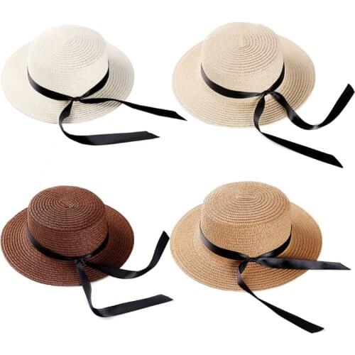Parent-Child Women Girls Summer Straw Sun Hat UV Protection Flat Wide Brim Ribbon Bowknot Travel Casual Beach Panama Cap