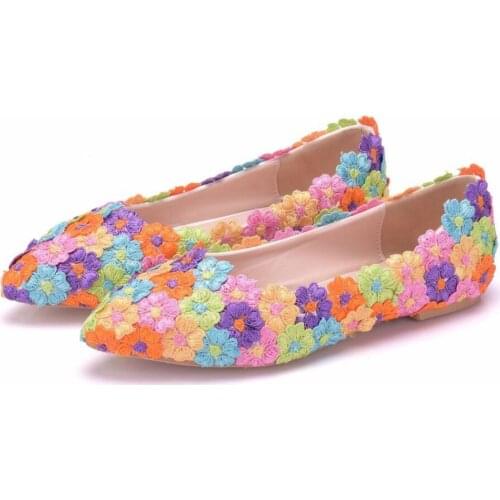 Spring lace bridal shoes handmade wedding shoes colorful flowers lace ladies flat pointed wedding shoes 34-43