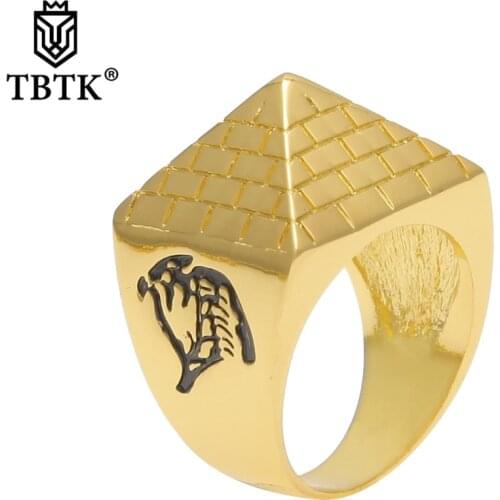 TBTK Pyramid Model Retro Ring With Black Sculpture Pattern 18mm Width Mens Ring Large Punk Styly Jewelry Zinc Alloy Ring Gifts