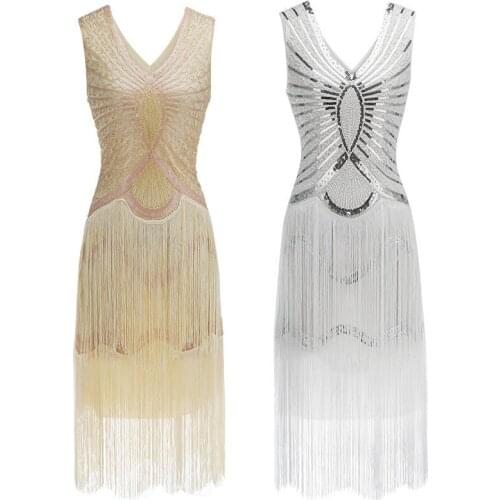 Vintage 1920s Sequined Flapper Dress Gatsby Art Deco Double Women Fringe Great Party Tassel Bodycon Beaded Sexy Costume dress