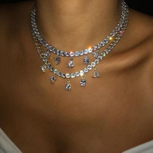 Iced out sparking bling cubic zirconia women fashion heart triangle oval tear pendant tennis chain charm party necklace jewelry