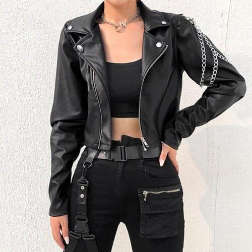 2021 new leather womens short slim pu jacket locomotive leather jacket fashion arm chain leather jacket