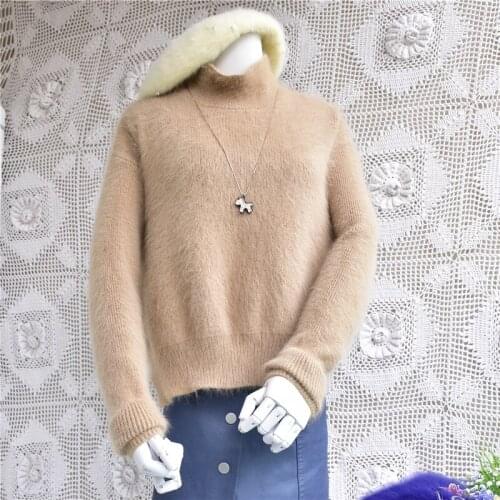 Female thick warm oversized loose plush mink cashmere turtleneck long sleeve pullover angora rabbit fur knitwear blouses sweater