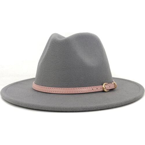Women Men Fedora Wool Hat Autumn Winter Gentleman Lady Felt Wide Brim Hats Fashion Light Gray Jazz Hats With Adjust Belt