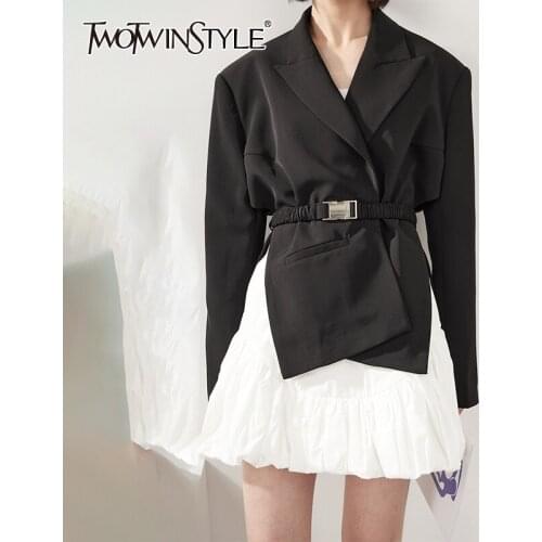 TWOTWINSTYLE Black Side Split Korean Blazer For Women Notched Long Sleeve Straight Sashes Slim Blazers Female New Spring Fashion