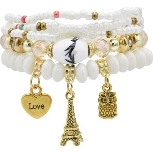Bohemian Fashion Multilayer Beaded Bracelet Female Heart Shaped Owl Pendant Colorful Stone Bracelet Fashion Jewelry