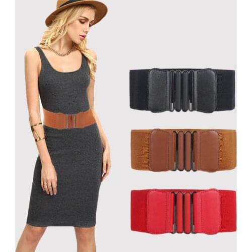Women Waist Belt Cummerbund Waistband Women Wide Pu Leather Elastic Waistband Elastic Belt Square Buckle Black Dress Decorate