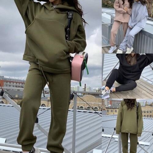 Fashion Women Winter Hoodie And Pants 2 Pieces Set Warm Sweatshirt Long Sleeve Pocket Loose Army Green Suit Female Tracksuit New