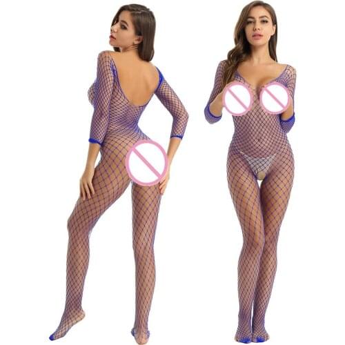 Women Hollow Out Fishnet Bodysuit Sexy Hot Lingerie Long Sleeves Open Crotch Closed Toes Stretchy Full Body Stocking Pantyhose