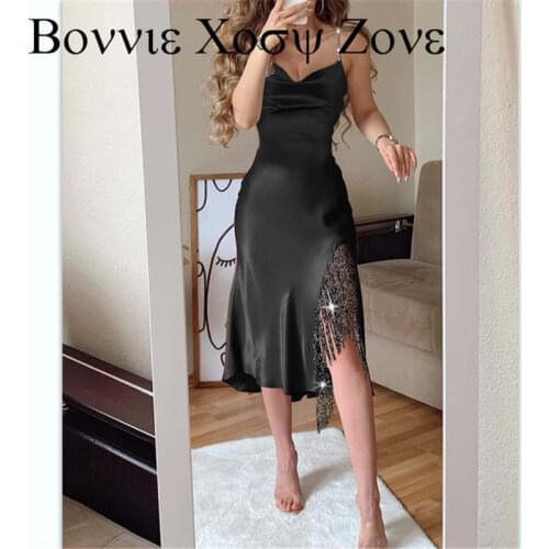 Plain Sleeveless Shining Fringr Slit Straight Dress Casual Chic Tassel Sexy Summer Dress For Women 2021