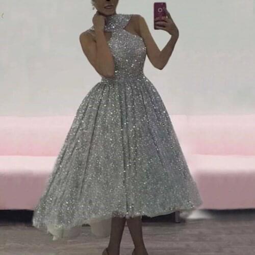 Halter Silver Sequin Evening Prom Dress 2020 Shiny Glitter Sexy vestidos de fiesta Sparkle Sleeveless Arabic robe de soiree