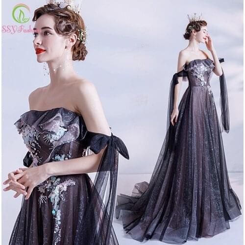 SSYFashion New Luxury Black Evening Dress for Women Boat Neck Sweep Train Sequins Beading Long Prom Formal Gowns Party Dresses