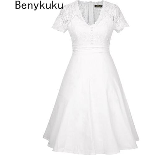 Summer Women Party Dress Vintage V Neck Short Sleeve White Dress Hollow Out Lace Elegant Ladies Dresses A Line Casual Vestidos