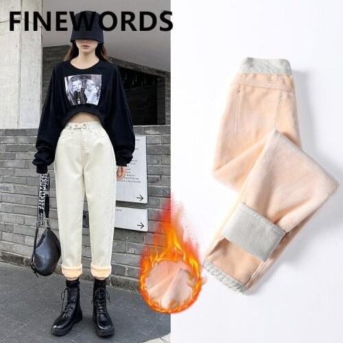 FINEWORDS Winter High Waist Beige Harem Jeans With Fleece Vintage Casual Boyfriend Jeansr Women Thicken Warm Mom Boot Cut Jeans