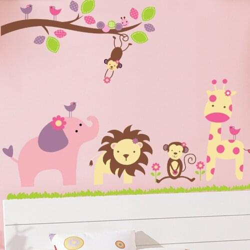 ZOOYOO Cartoon Monkey Giraffe Elephant Lion Colorful Tree Wall Stickers Kids Room Nursery Home Decor Wall Art Mural Decoration