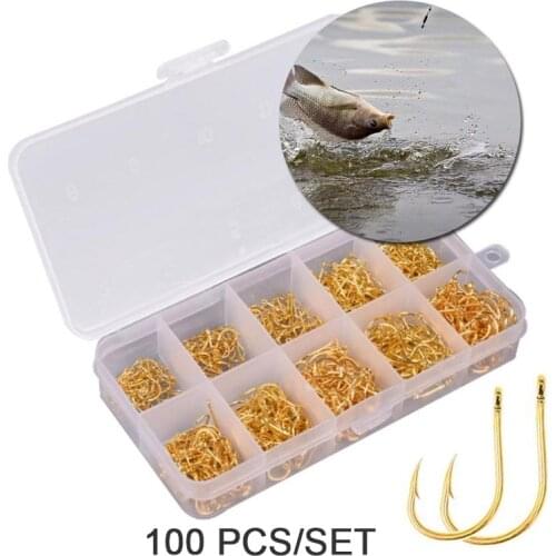 100Pcs/Box 10 Mixed Sizes 3#-12# High Carbon Steel Gold/Silver Carp Fishing Bait Sharpened Ultrapoint Fishing Hook Set
