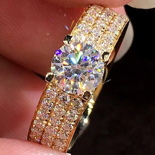 14K Au585 Yellow Gold Women Ring Moissanite Diamonds 1 2 4 5 Carat 3 Row Round Wedding Party Engagement Anniversary Ring Unisex