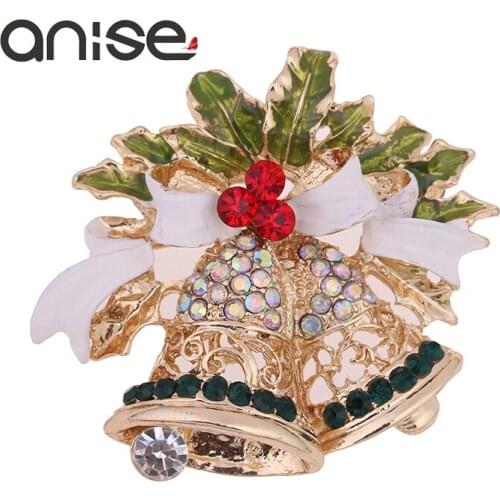Anise Classic Christmas Crystal Bell Brooch Pins For Woman Bowknot Leaves Gold Color Brooches Girl Gifts Clothes Accessories