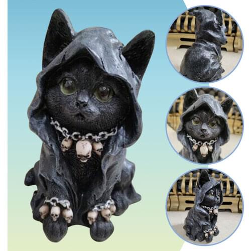 Cat Statue-fantasy Art Craft Skull Necklace Feline Cloaked Grim Reaper Cat Figurine Resin Sculpture For Halloween Party Decor