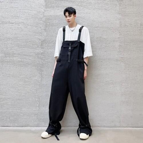 Summer Mens Loose One Free Size Overalls Straight Black Stylish Adjustable Strap Trousers D8