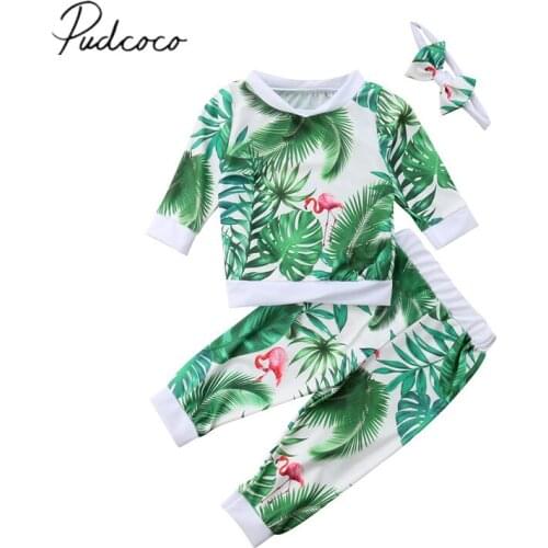 2018 Brand New 0-24M Autumn Toddler Baby Girls Clothes Sets 3PCS Long Sleeve Flower Flamingo Sweatshirt Tops+Long Pants+Headband