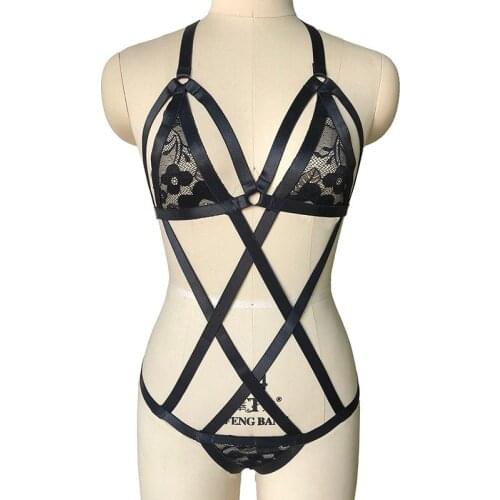 Transparent Lace Harness Set Black Goth Sexy Lingerie Woman Bondage Harness Bra Body Cage Panties G-String bodysuit