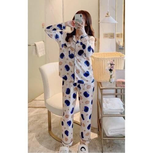 Sesame Street Blue Anime Pajamas Sets Long Sleeve Sleepwear Suit Cartoon Home Women Nightclothes Nightwear Warm Winter Gifts