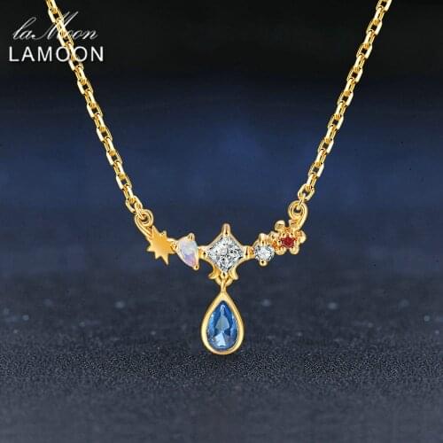 LAMOON Necklace For Women 100% Natural Gemstone Blue Spinel Water Drop 925 Sterling Silver Yellow Gold Gift Fine Jewelry LMNI068