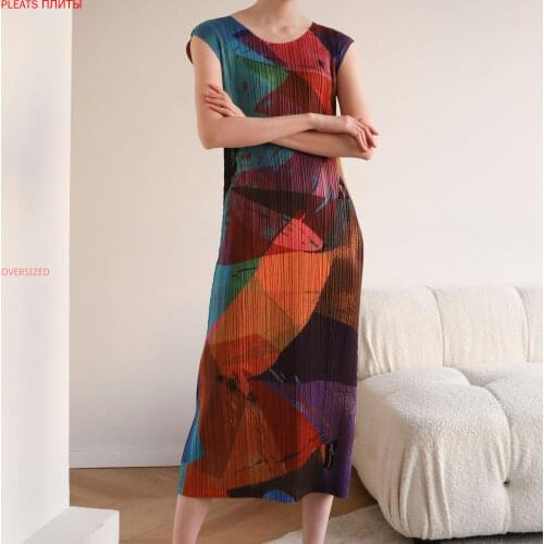 2021 Miyake Fold Summer Slim Bag Hip Geometric Graffiti High-end Round Neck Print Dress Pleats Vestido Fashion Shein
