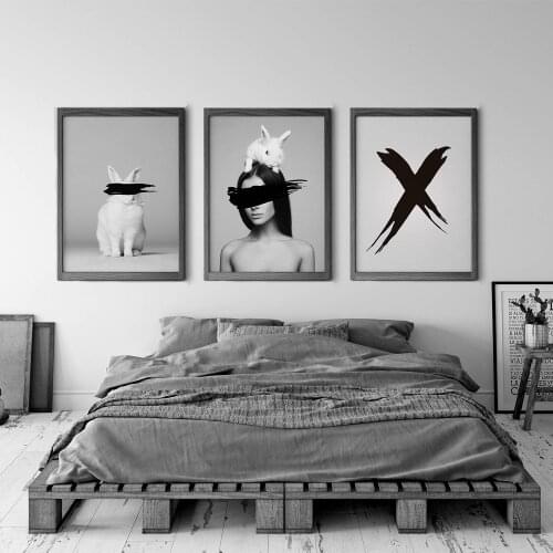 Fashion Black & White Wall Art Posters Rabbit With Girl Photographys Prints Canvas Paintings For Modern Living Room Home Decor