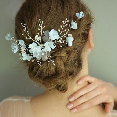 Trendy Blue Flower Wedding Hair Jewelry Pearl Women Hair Ornaments Headpiece Bridal Hairpins Handmade Headband Vine