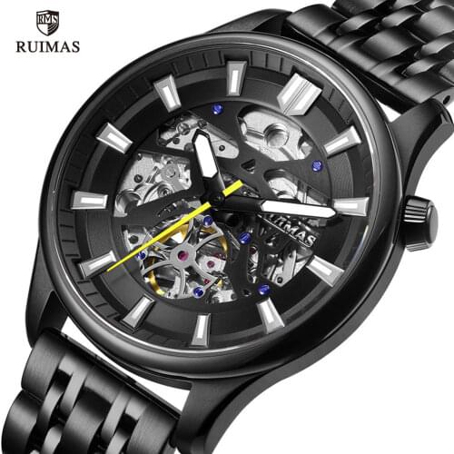 RUIMAS Black Automatic Watches Luxury Business Stainless Steel Watch Man Top Brand Skeleton Mechanical Wristwatch Relogios 6770